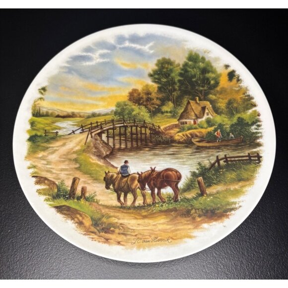 JC Van Hunnik Other - JC Van Hunnik Decor Plate Country Bucolic River Horses Hatched Cottage Pastoral